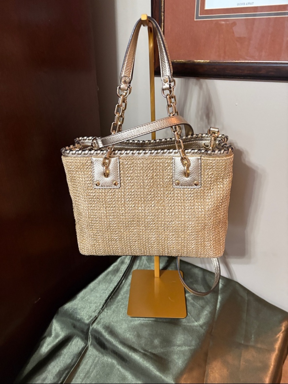 Michael Kors Rosalie Straw Tote with Gold Metallic Trim and Chain Handles - Picture 5 of 14